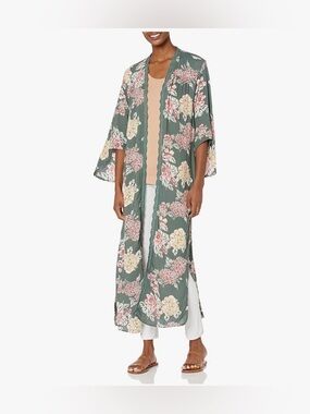 Floral Green Long Kimono Cardigan - Lightweight Women's Layer